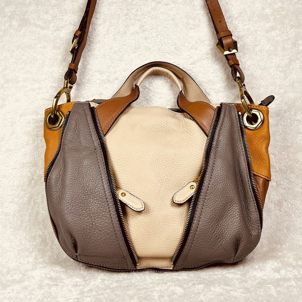 orYANY Lian Hobo Shoulder Bag Color Block Leather Gray Beige‎ Tan Top Handles